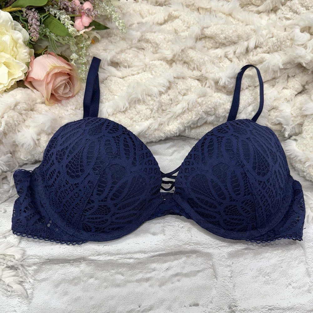 Victoria Secret Dream Angels 34C Push Up Corset Bra Lace Navy Blue Lingerie